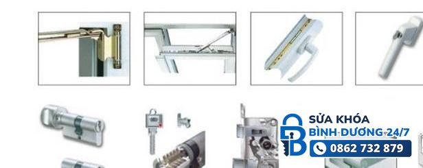 Phụ kiện bản lề, tay nắm, ổ khóa và khóa đa điểm dùng cho cửa nhựa lõi thép